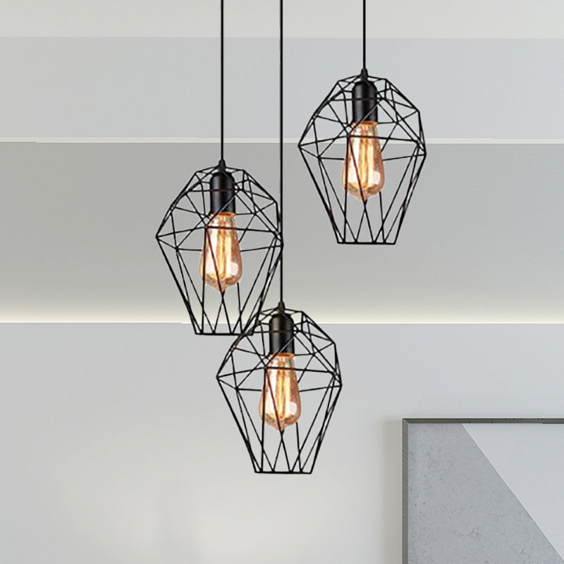 Vintage Geometric Pendant Lamp With Metallic Black Cage Shade And 3-Bulb Suspension For Ceiling