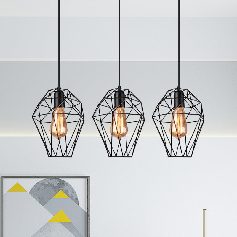 Geometric Vintage Ceiling Pendant Lamp - Metallic Black, Suspended Light with 3 Bulbs, Cage Shade, Round/Linear Canopy