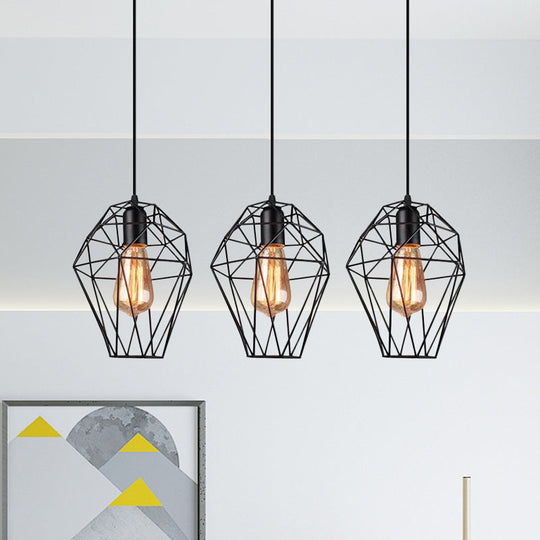 Geometric Vintage Ceiling Pendant Lamp - Metallic Black, Suspended Light with 3 Bulbs, Cage Shade, Round/Linear Canopy