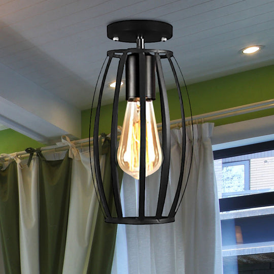 Rustic Farmhouse Semi Flush Mount Light: Barn/Oval Restaurant with Cage Shade & 1 Light Black Ceiling Fixture