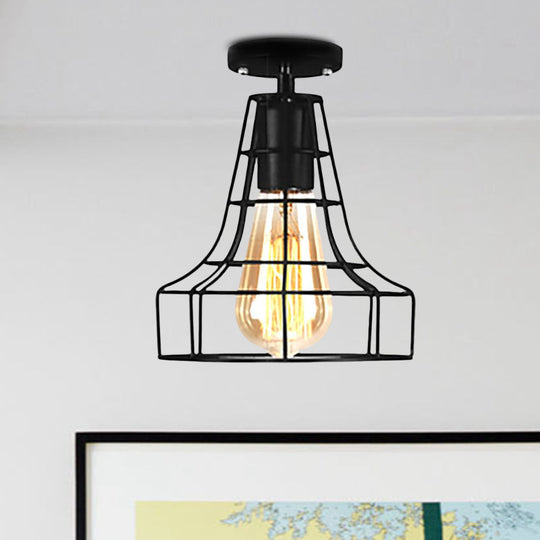 Rustic Farmhouse Semi Flush Mount Light: Barn/Oval Restaurant with Cage Shade & 1 Light Black Ceiling Fixture