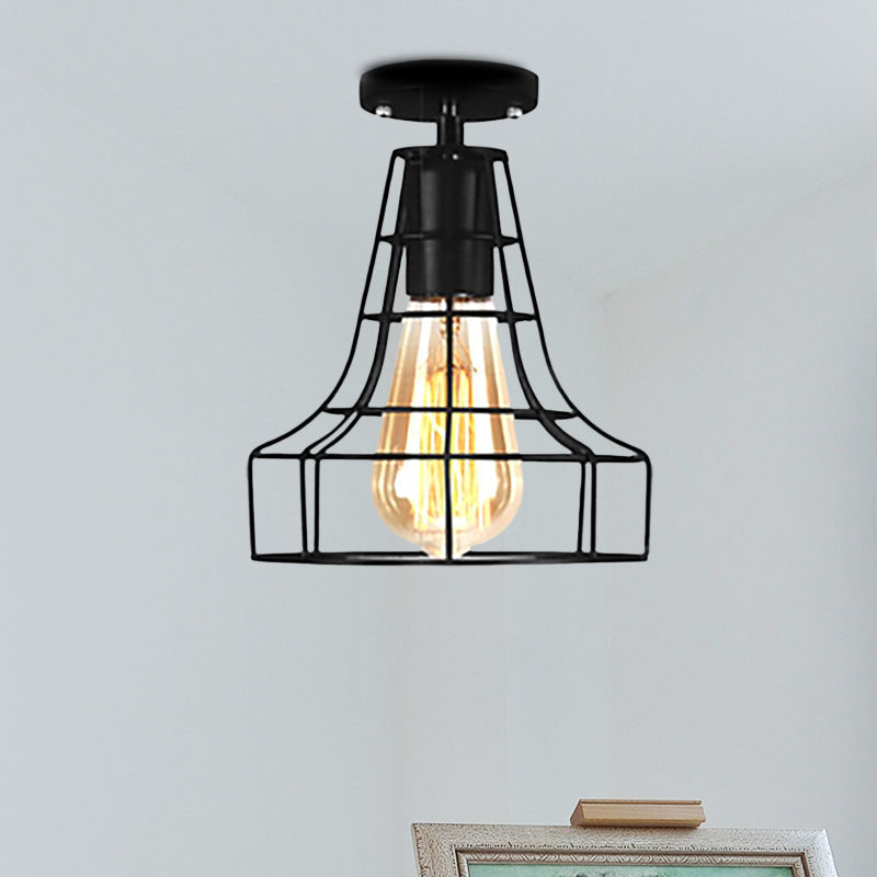 Rustic Farmhouse Semi Flush Mount Light: Barn/Oval Restaurant with Cage Shade & 1 Light Black Ceiling Fixture