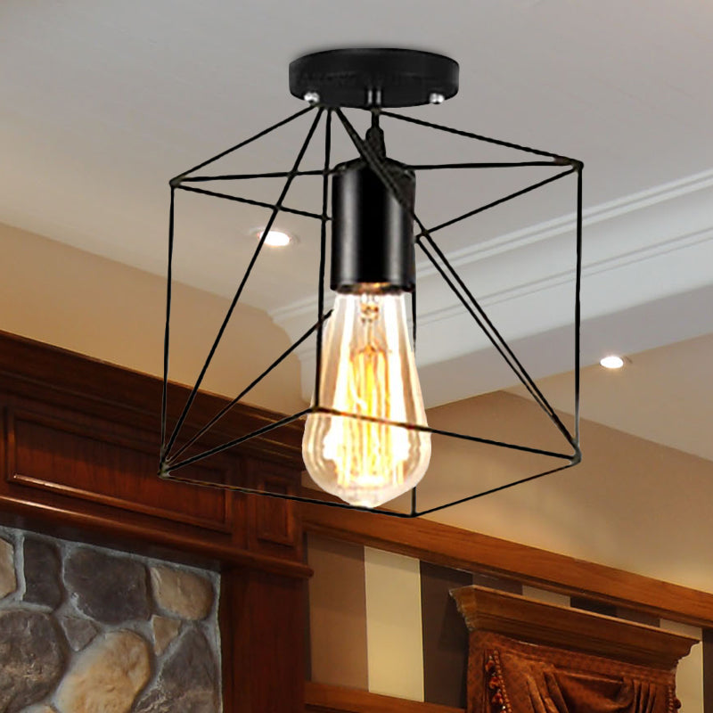 Rustic Farmhouse Semi Flush Mount Light: Barn/Oval Restaurant with Cage Shade & 1 Light Black Ceiling Fixture