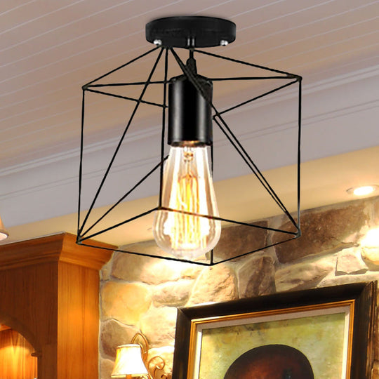 Rustic Farmhouse Semi Flush Mount Light: Barn/Oval Restaurant with Cage Shade & 1 Light Black Ceiling Fixture