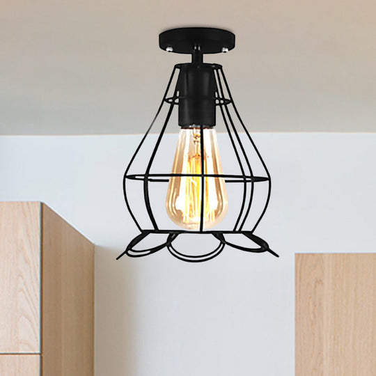 Rustic Farmhouse Semi Flush Mount Light: Barn/Oval Restaurant with Cage Shade & 1 Light Black Ceiling Fixture