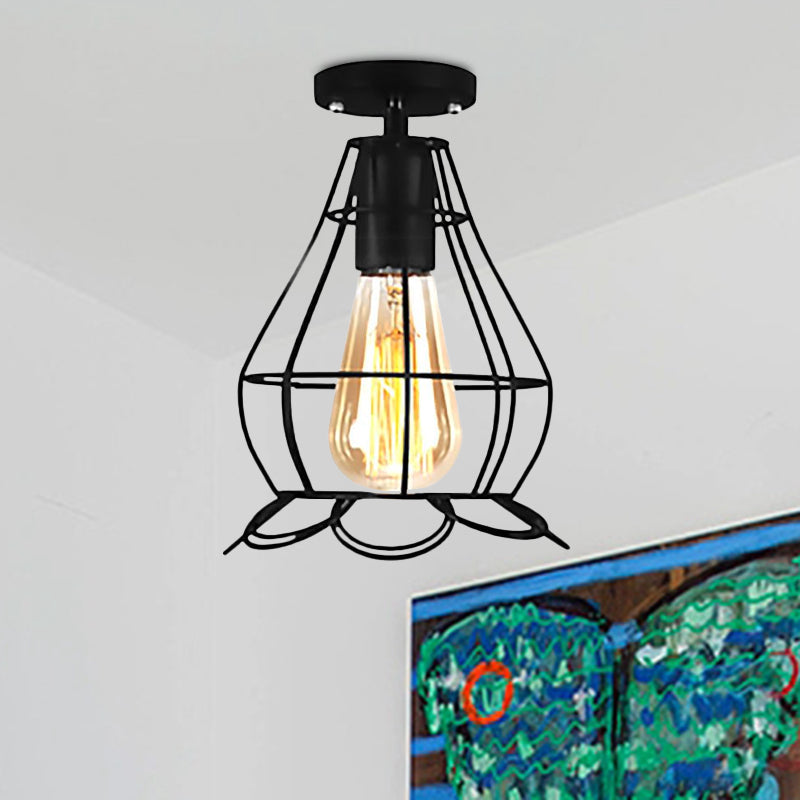 Rustic Farmhouse Semi Flush Mount Light: Barn/Oval Restaurant with Cage Shade & 1 Light Black Ceiling Fixture