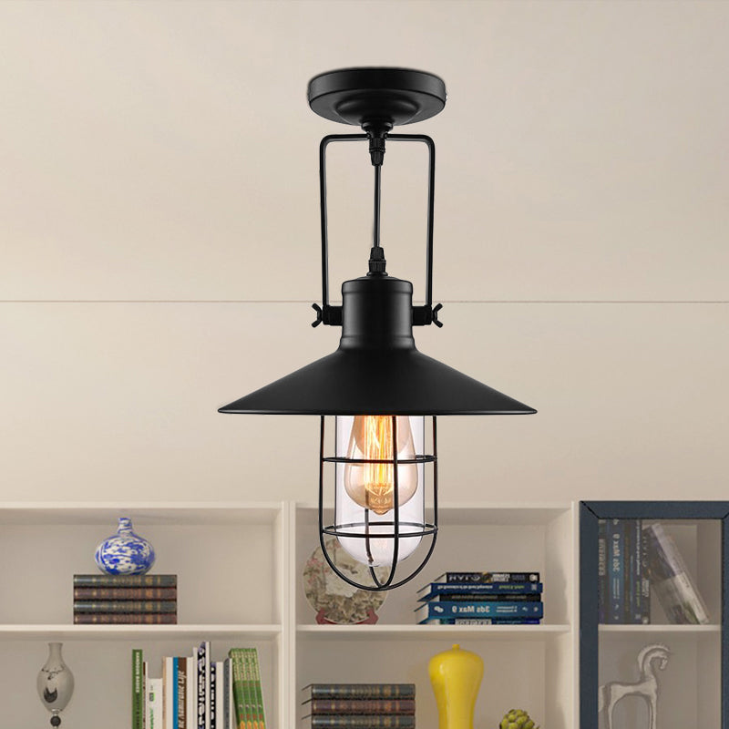 Nautical Cone Semi Flush Mount Light - 1 Head Metal Ceiling Fixture with Cage Shade in Black