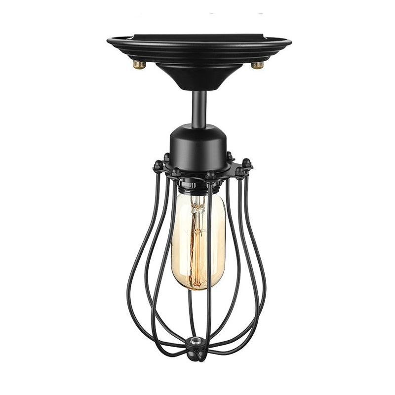 Industrial Style Black Metal Ceiling Lamp - Bulb-Shaped Semi-Flush Mount Light for Dining Room