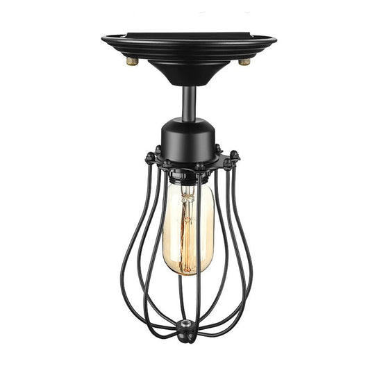 Industrial Style Black Metal Ceiling Lamp - Bulb-Shaped Semi-Flush Mount Light For Dining Room