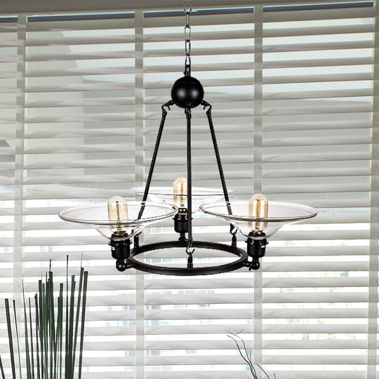 Antique Black Chandelier With Clear Glass Cone Pendant - 3-Light Fixture For Living Room