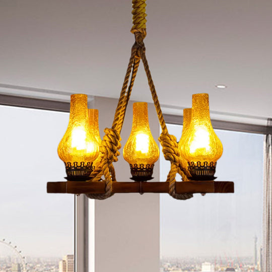 Country Stylish 5-Light Pendant Lamp with Yellow Cracked Glass Teardrop Shades and Rope Detailing