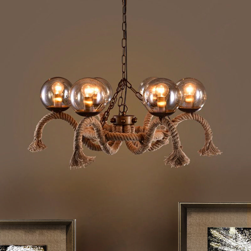 Retro Rust Finish Chandelier - 6 Lights, Global Lighting, Rope Suspension, Smoke Grey Glass Shade