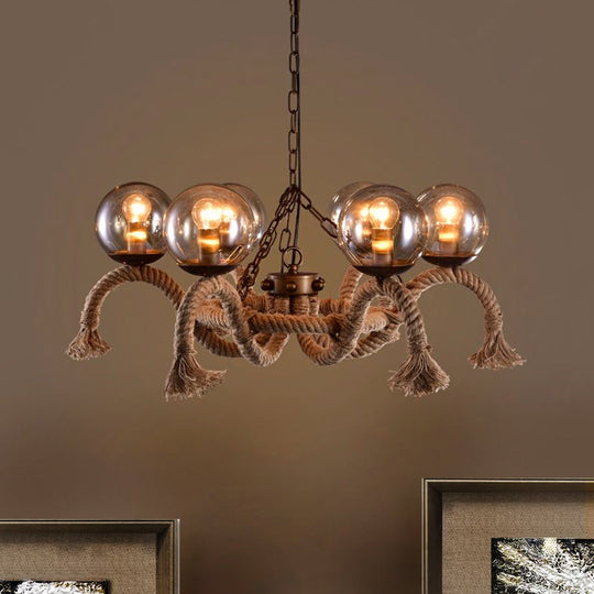 Retro Rust 6-Light Chandelier With Grey Glass Shade - Global Design Rope Suspension