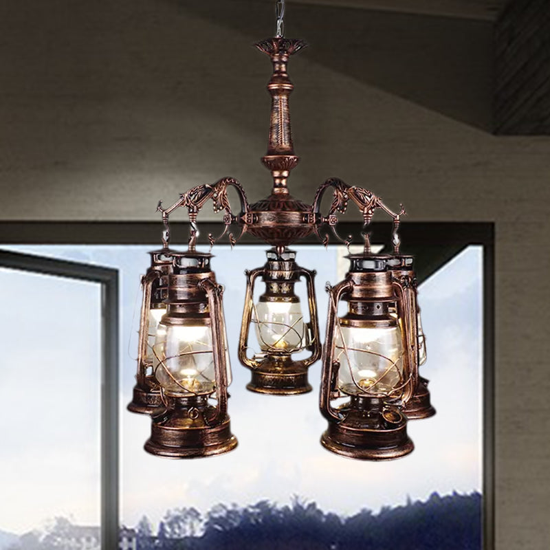 Antique Bronze/Copper Glass Pendant Chandelier - 5 Lights Stylish Kerosene-Inspired Fixture For