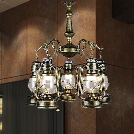 Antique Bronze/Copper Glass Pendant Chandelier - 5 Lights Stylish Kerosene-Inspired Fixture For