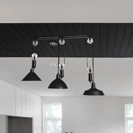 Metal Industrial Pendant Lighting - 3-Light Fixture With Unique Shade And Pulley Design In Black