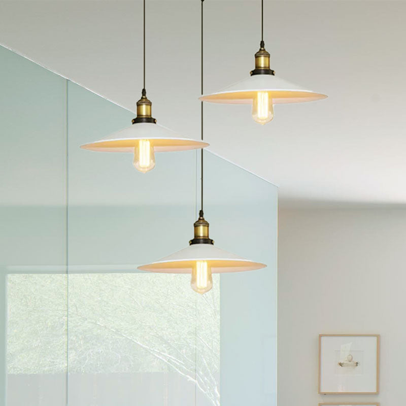 White Metal Pendant Light with 3 Industrial Saucer Hanging Ceiling Lights - Linear/Round Canopy