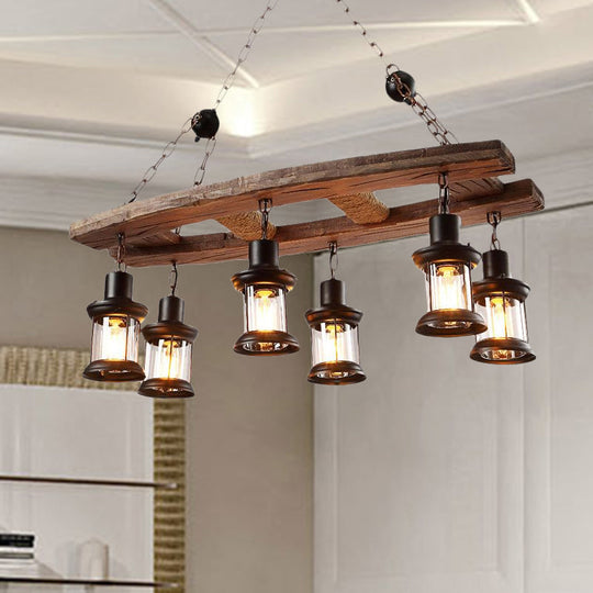 Rustic 6-Light Pendant Lantern: Clear Glass & Black With Wooden Board