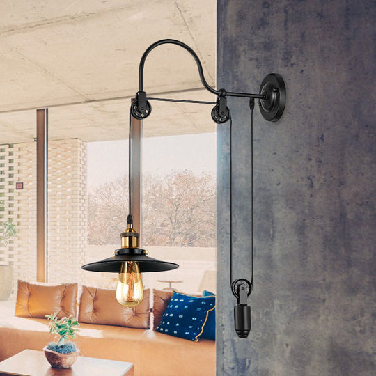 Industrial Style Wall Mounted Lamp: Adjustable Black Metallic Fixture With Pulley Design