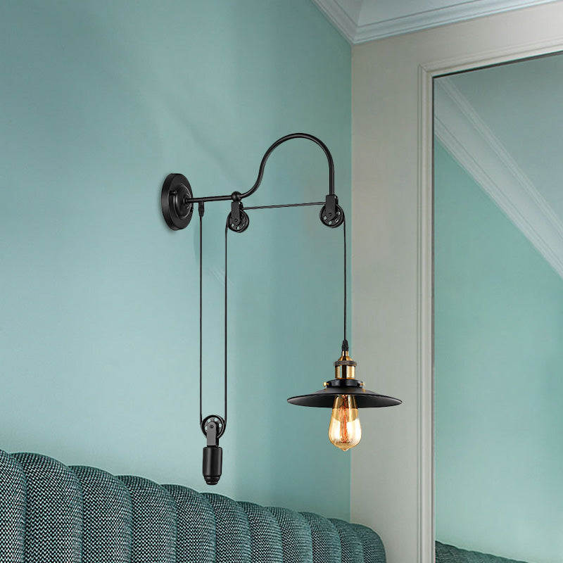 Industrial Style Wall Mounted Lamp: Adjustable Black Metallic Fixture With Pulley Design