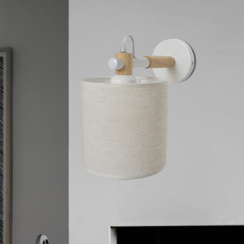 Modernist Fabric Cylindrical Sconce Wall Light With Wooden Joint - 1 Bedroom Fixture Black/White