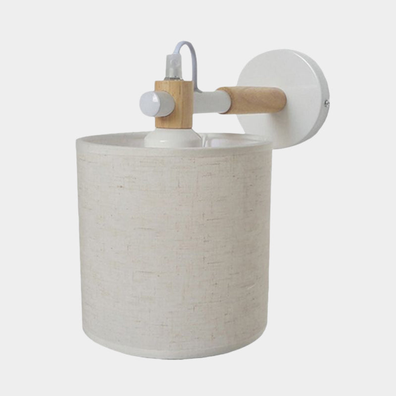 Modernist Fabric Cylindrical Sconce Wall Light With Wooden Joint - 1 Bedroom Fixture Black/White