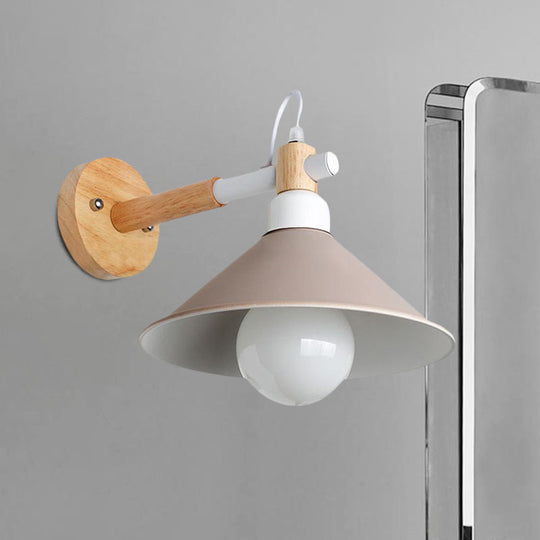 Nordic Cone Wall Lighting Fixture - Stylish 1-Head Metallic Sconce Lamp With Wooden Joint Black/Grey