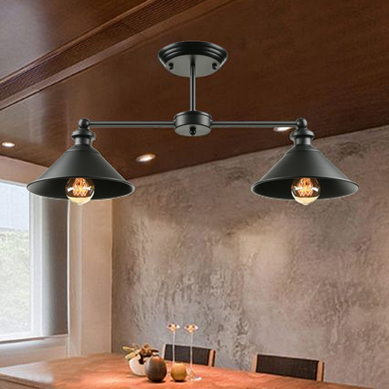 Industrial Double Conic Metallic Semi Flush Mount Ceiling Light with 2 Lights in Black for Dining Table