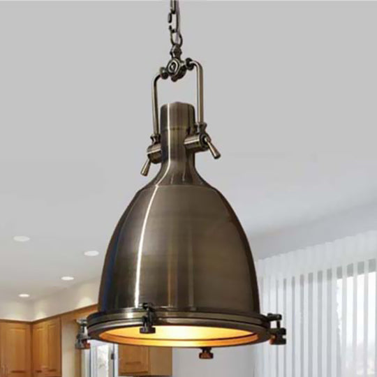 Nautical Brushed Brass Bell Pendant Light with Glass Diffuser - Dining Room Ceiling Fixture