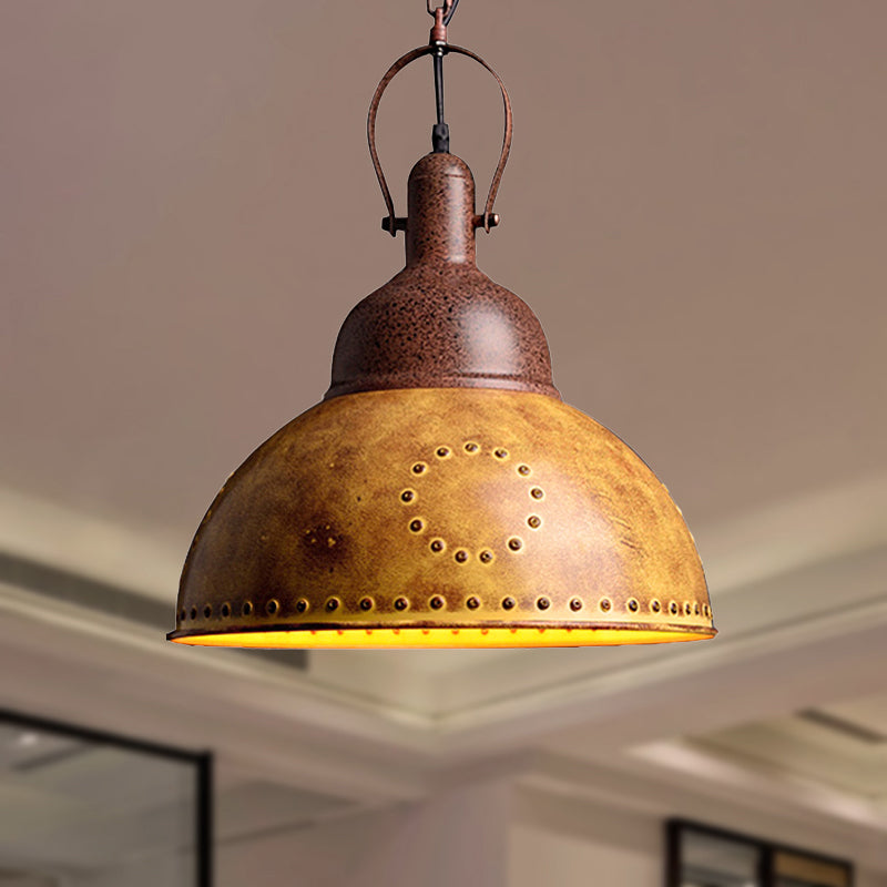 Yellow Iron Pendant Lamp With Domed Antique Design & Rivets For Restaurants