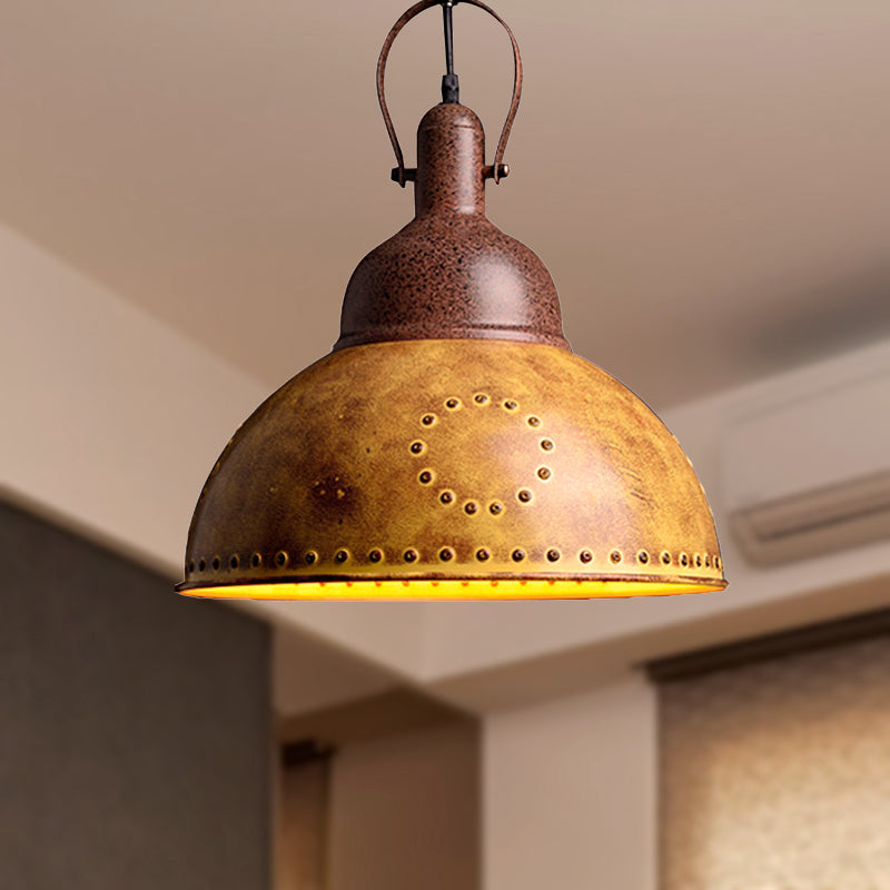 Antique Style Wrought Iron Pendant Lamp - Yellow Restaurant Ceiling Light with Rivets