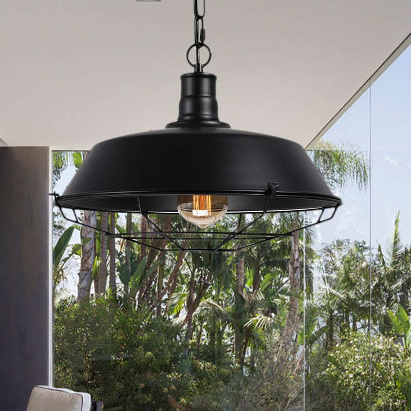 Farmhouse Barn Ceiling Light Fixture With Cage Shade - Metallic Pendant Lamp In Black (1 Bulb