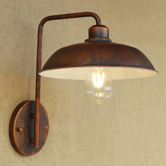 Antique Style 1-Light Barn Wall Sconce In Black/Rust Metallic Curved Arm For Hallway