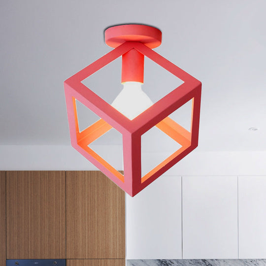 Modern 1-Light Square Ceiling Mounted Light With Wire Guard - Loft Style Semi-Flush Lighting For