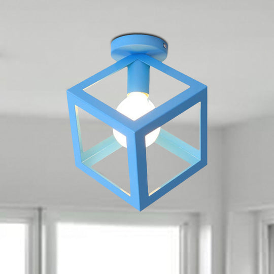 Modern 1-Light Square Ceiling Mounted Light with Wire Guard - Loft Style Semi-Flush Lighting for Bedroom