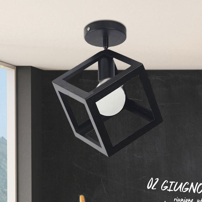 Modern 1-Light Square Ceiling Mounted Light with Wire Guard - Loft Style Semi-Flush Lighting for Bedroom