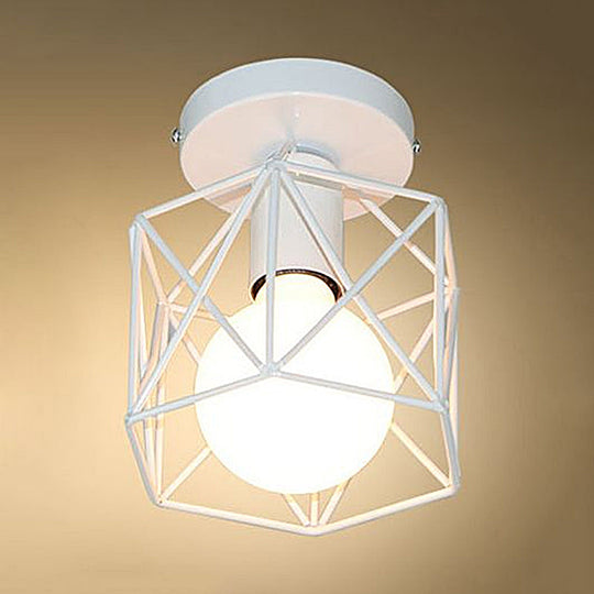 Vintage Style Iron Ceiling Fixture with Hexagon Cage Shade and 1 Bulb, Perfect for Balcony Ceiling in Black/White