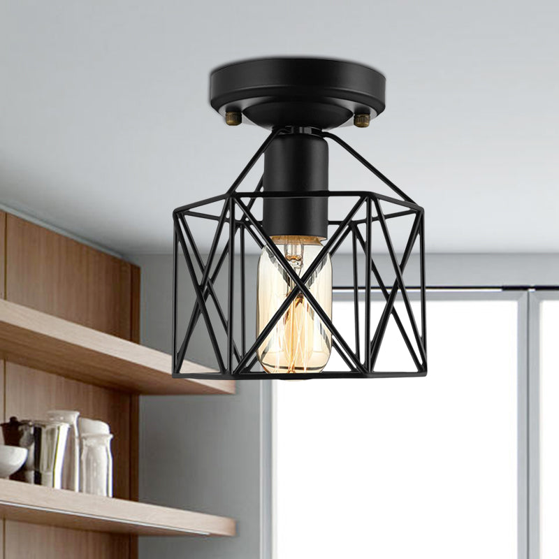 Vintage Style Iron Ceiling Fixture with Hexagon Cage Shade and 1 Bulb, Perfect for Balcony Ceiling in Black/White