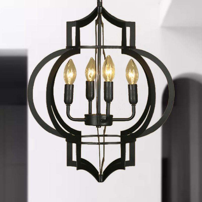 Vintage Style Wrought Iron Chandelier Light With Lantern Cage Shade - 4/6 Bulbs Medium Size Black