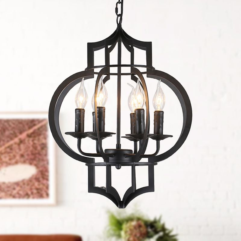 4/6 Bulbs Vintage Style Lantern Cage Chandelier Light in Black - Wrought Iron Medium Hanging Lamp