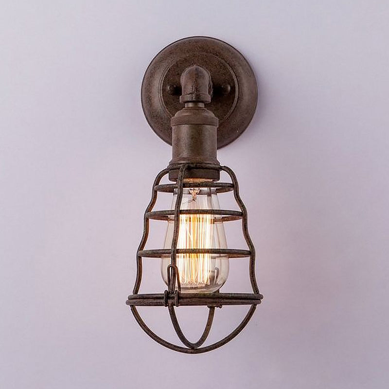 Farmhouse Rust Finish Mini Wall Lamp With Cage Shade - Antique Style Iron 1-Light Mount Lighting