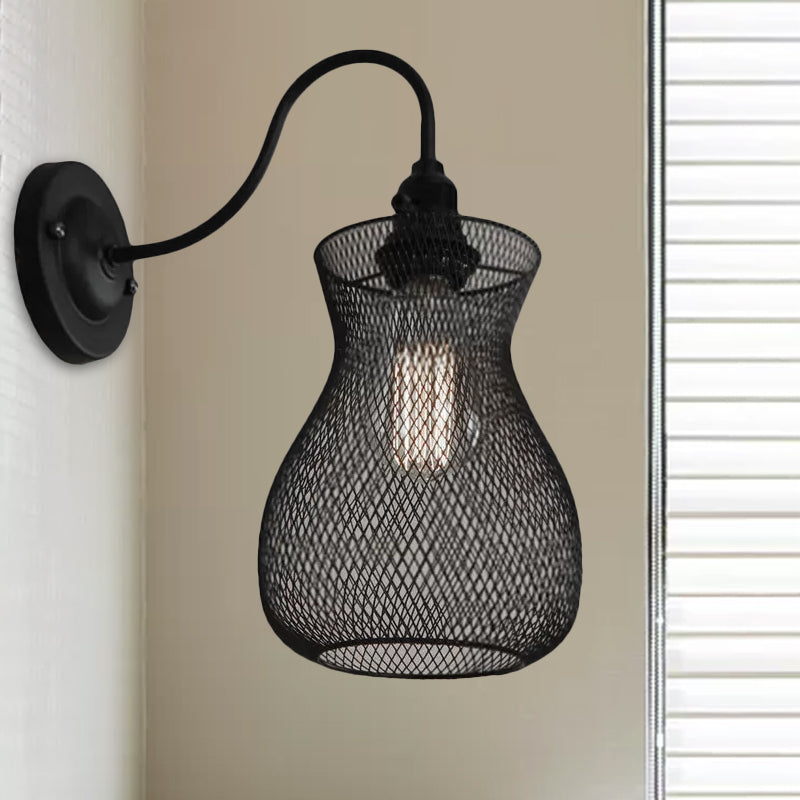 Industrial Black Metal Wall Sconce With Mesh Shade - Vase Shape Bulb Holder For Corridor