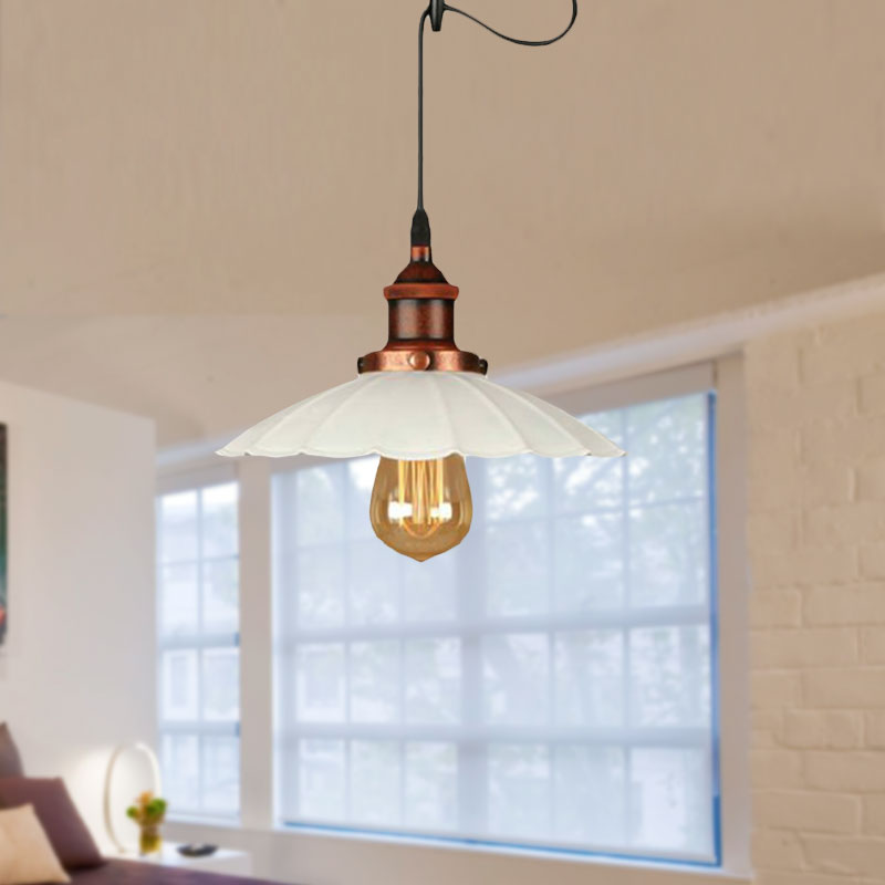 Scalloped Pendant Lighting 1-Bulb Hanging Light Fixture - Loft Style, Rust/Chrome Finish - Ideal for Over Table