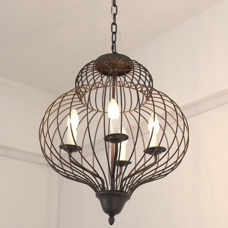 Vintage Style Metal Black Ceiling Light: Large Pendant Lighting with Gourd Cage Shade, 4 Lights & Candle