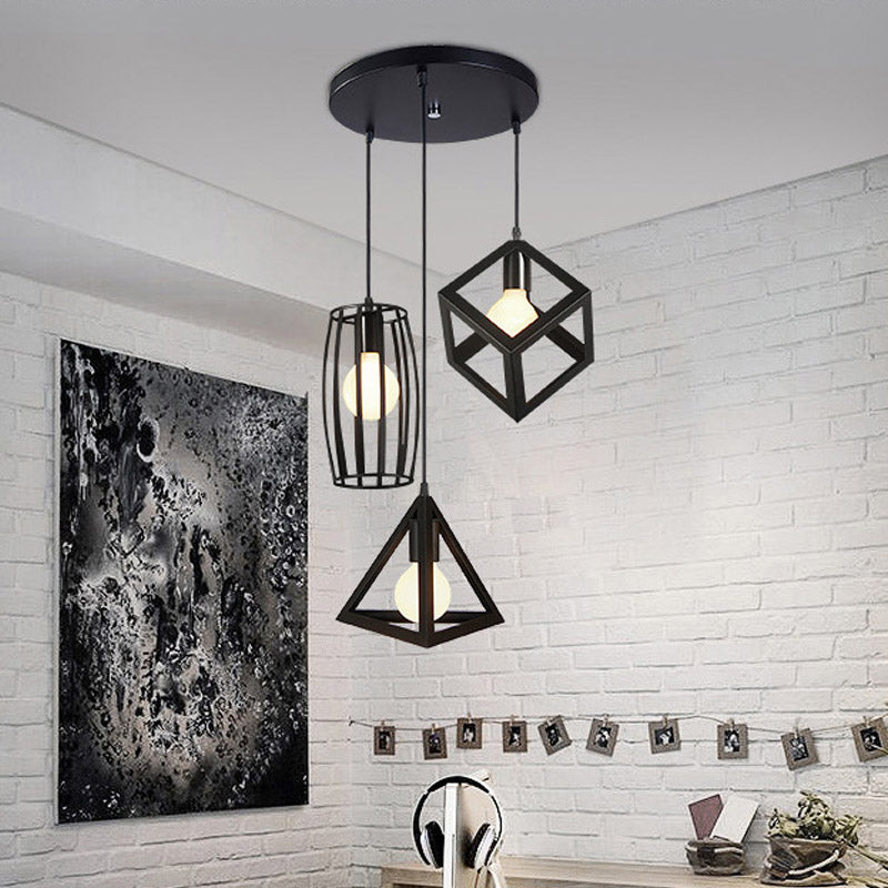 3-Head Pendant Lighting in Black Metal with Retro Stylish Cage Shades for Kitchen, Round/Linear Canopy