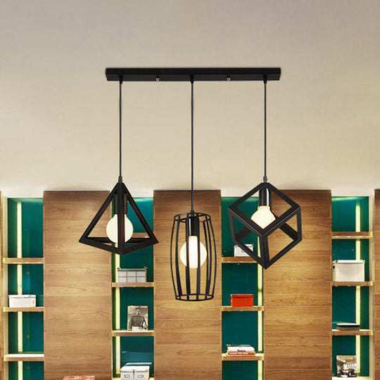 3-Head Pendant Lighting in Black Metal with Retro Stylish Cage Shades for Kitchen, Round/Linear Canopy