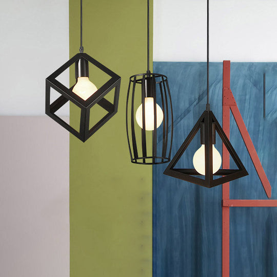 3-Light Pendant Lighting With Retro Metal Cage Shades - Stylish Kitchen Hanging Lamp In Black