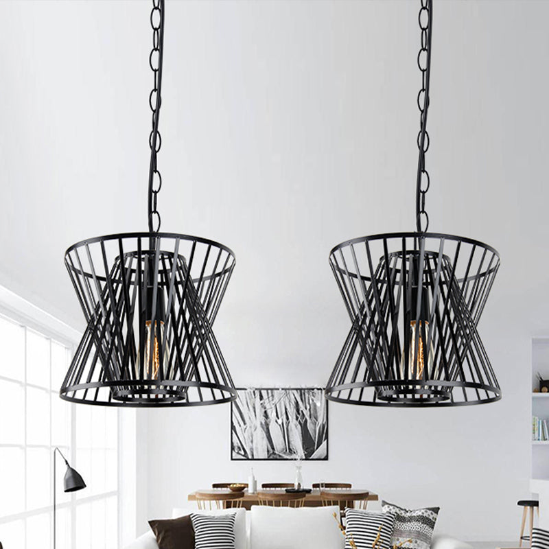 Black Industrial Style Pendant Light With Metallic Cone Cage Shade - Perfect For Table Decor