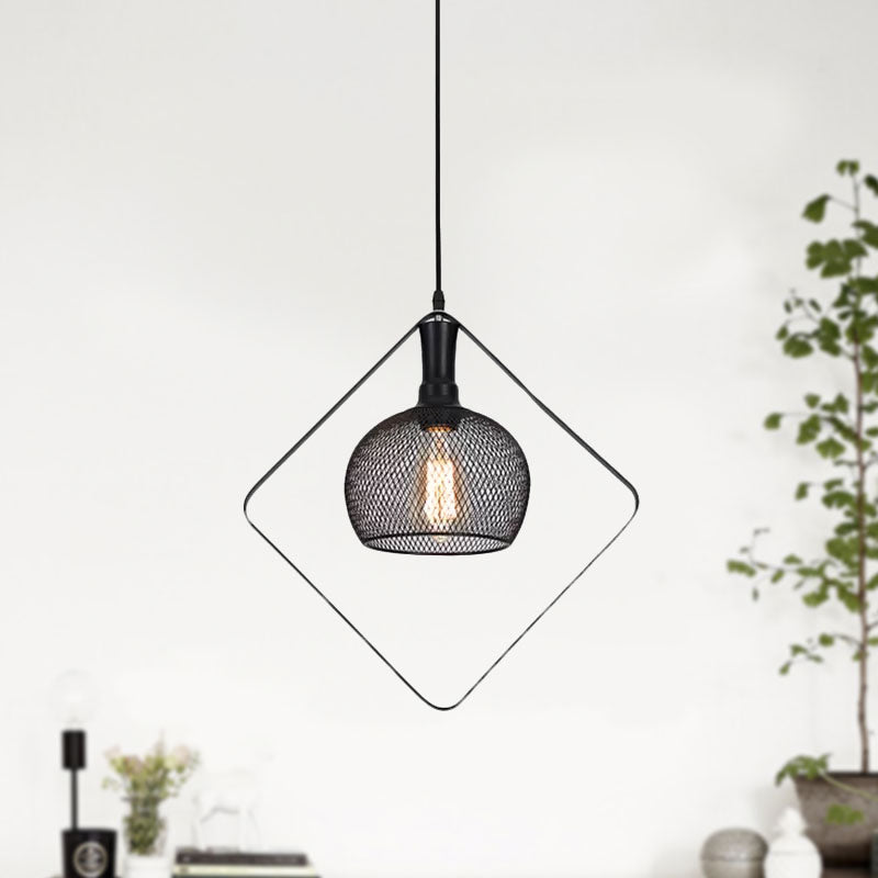 Vintage Mesh Domed Metal Pendant Light With Square Deco In Black For Living Room Ceiling - 1 Bulb