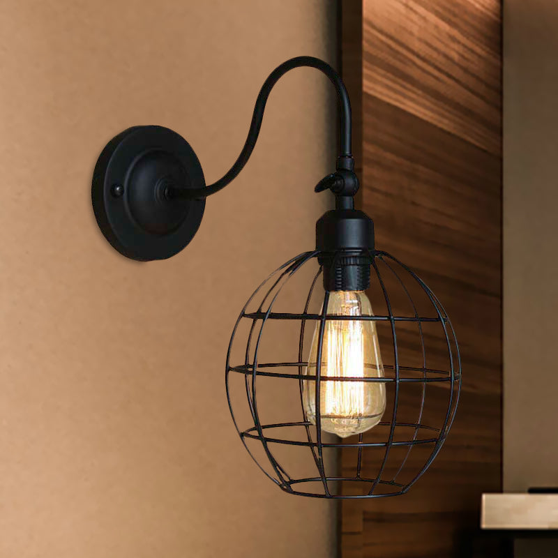 Retro Style Black Globe Wall Mount Light With Gooseneck Arm - Bedroom Mini Lamp